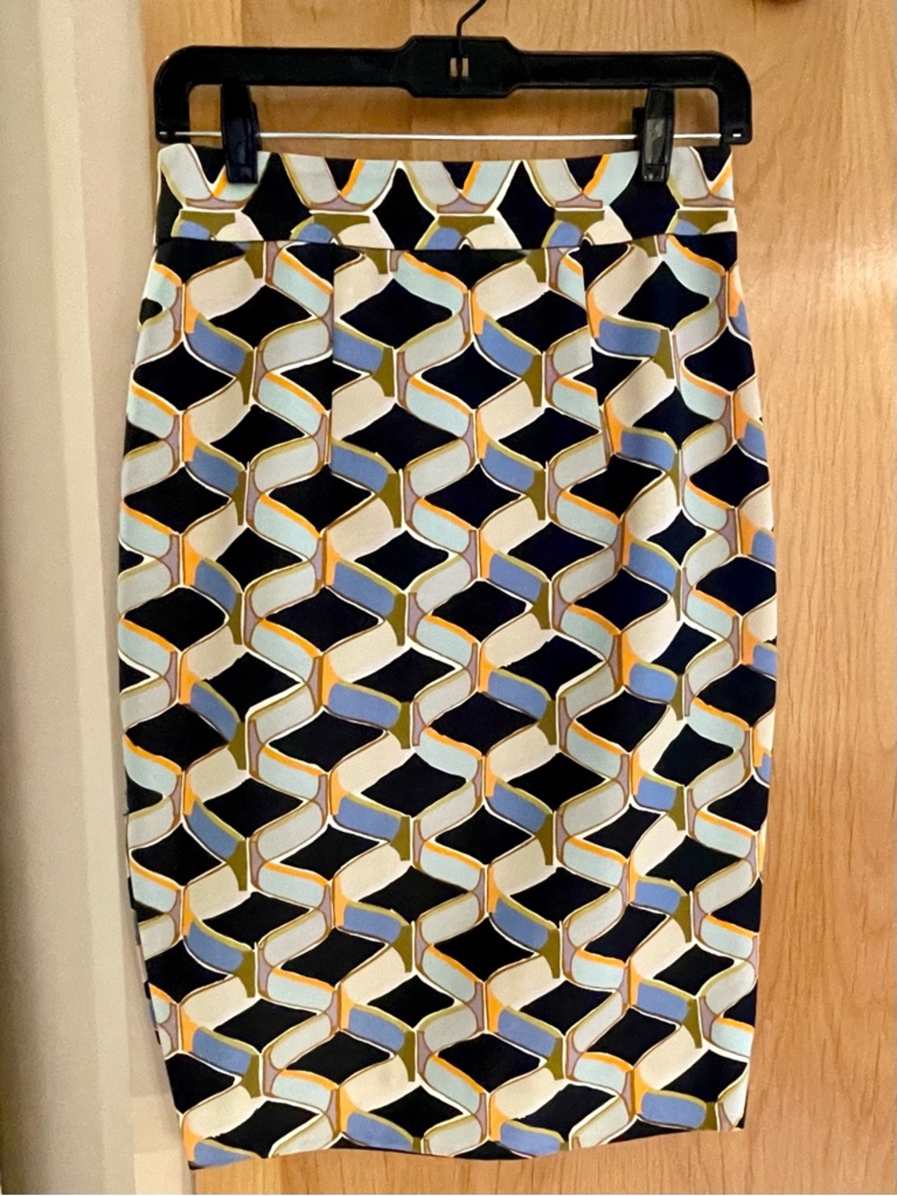 Geometric Print Pencil Skirt - light and dark blue, orange & taupe